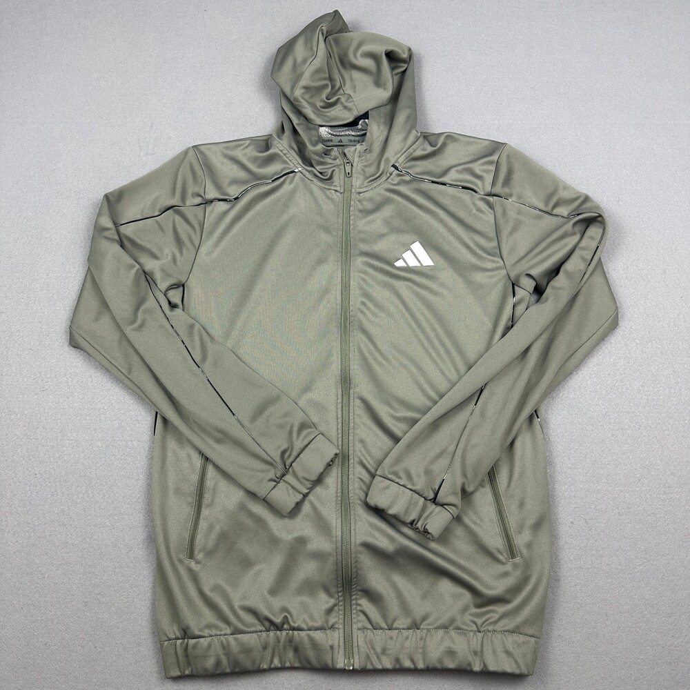 Adidas Track Jacket Men Medium Green Camo Trim Climacool Full Zip Hood M